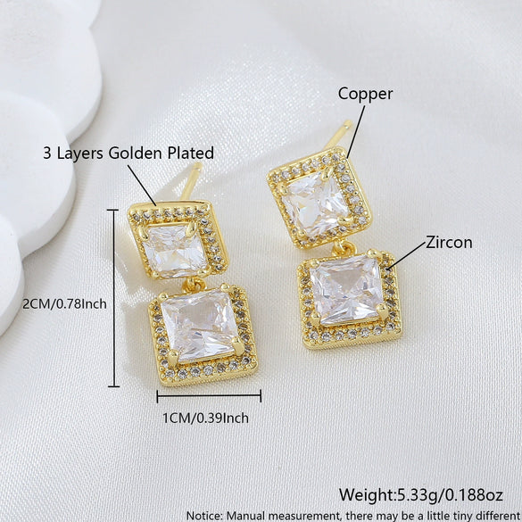 Wholesale Women's Geometric Copper Stud Earrings With Square Diamonds Ultrashiny Electroplated