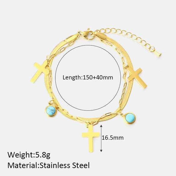 Wholesale Women's Geometric Cross Doublelayer Stainless Steel Goldplated Bracelet With Turquoise Pendant