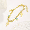 Wholesale Women's Geometric Cross Doublelayer Stainless Steel Goldplated Bracelet With Turquoise Pendant