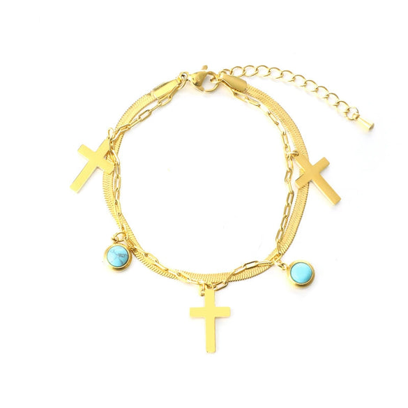 Wholesale Women's Geometric Cross Doublelayer Stainless Steel Goldplated Bracelet With Turquoise Pendant