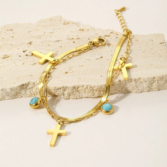 Wholesale Women's Geometric Cross Doublelayer Stainless Steel Goldplated Bracelet With Turquoise Pendant