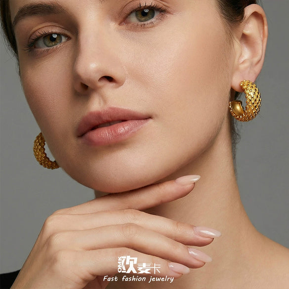 Wholesale Women's Geometric Cshaped Grid Diamondshaped Stainless Steel Goldplated Earrings