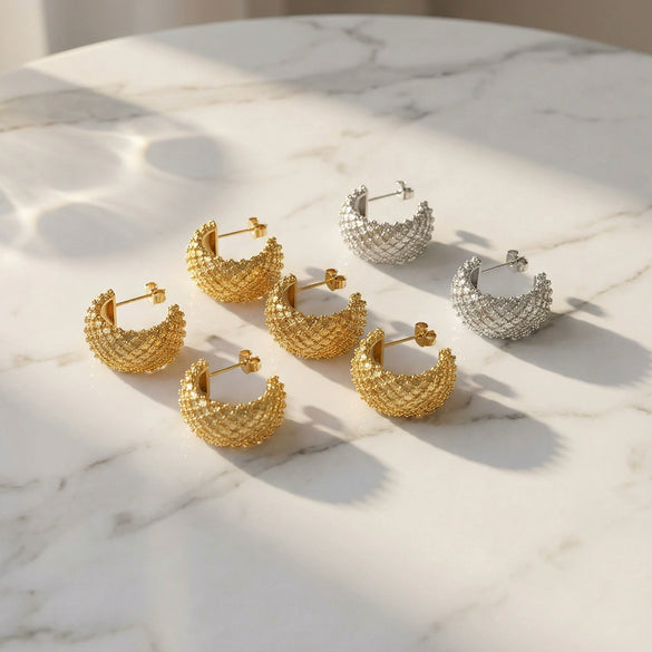 Wholesale Women's Geometric Cshaped Grid Diamondshaped Stainless Steel Goldplated Earrings