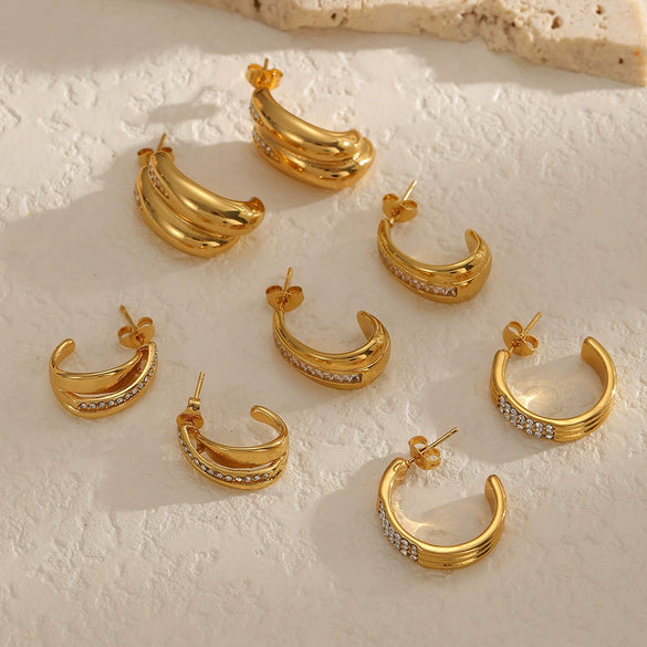 Wholesale Women's Geometric Cshaped Stainless Steel Diamondencrusted Earrings With Pvd Furnace Vacuum Real Gold Plating Light Luxury Style