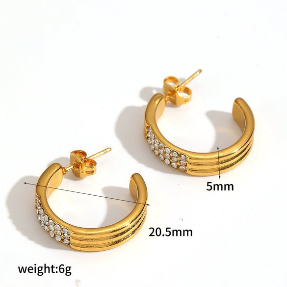 Wholesale Women's Geometric Cshaped Stainless Steel Diamondencrusted Earrings With Pvd Furnace Vacuum Real Gold Plating Light Luxury Style