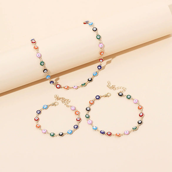 Wholesale Women's Geometric Devil's Eye Necklace Bracelet Anklet Combination Made Of Alloy With Electroplating Treatment And Bamboo Chain