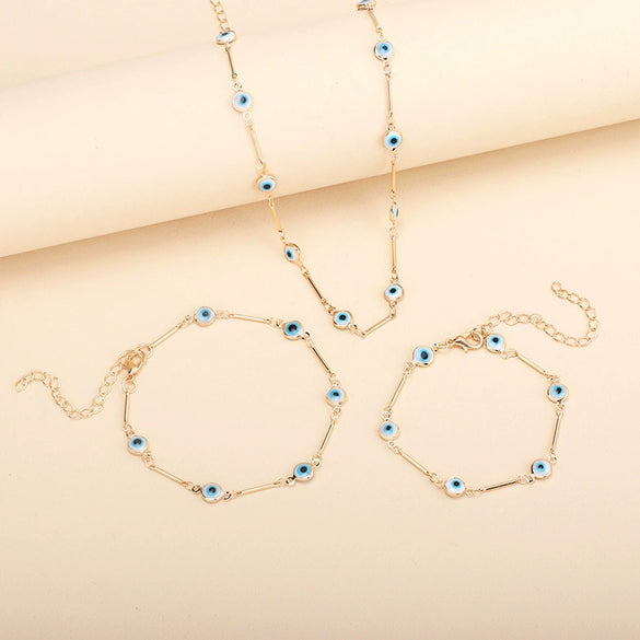 Wholesale Women's Geometric Devil's Eye Necklace Bracelet Anklet Combination Made Of Alloy With Electroplating Treatment And Bamboo Chain