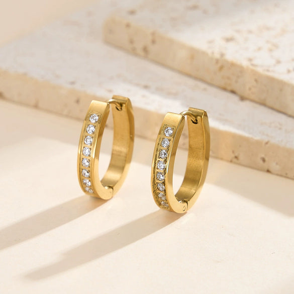 Wholesale Women's Geometric Diamondencrusted Ear Clips And Hoops In Stainless Steel With Vacuum Real Gold Plating