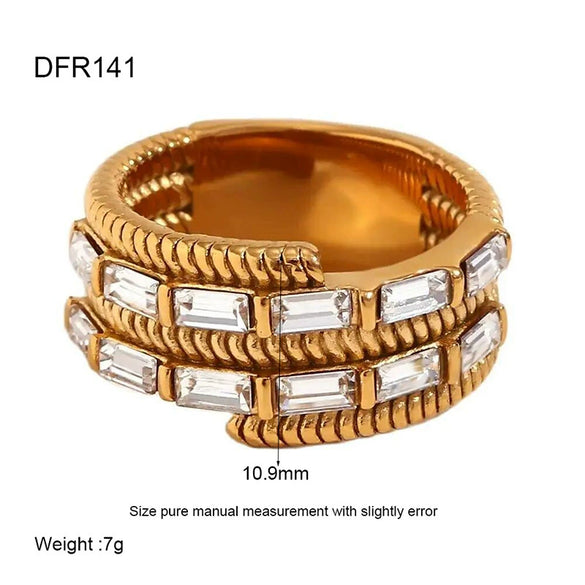 Wholesale Women's Geometric Diamondencrusted 18K Gold Plated Stainless Steel Ring Retro Jewelry Waterproof Hypoallergenic