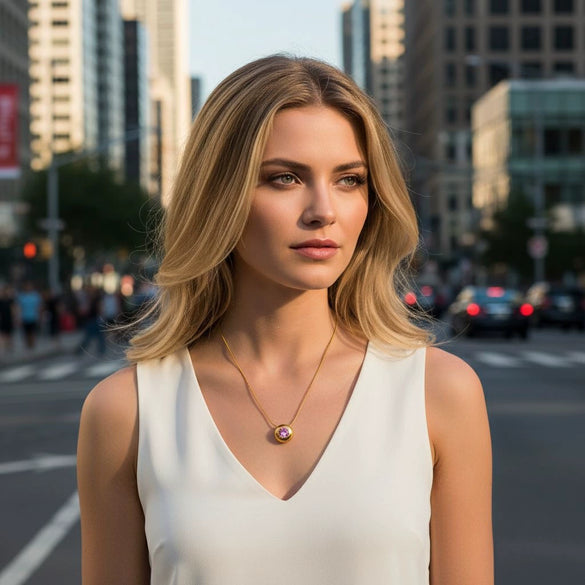 Wholesale Women's Geometric Diamondencrusted Stainless Steel Necklace With Pvd Furnace Vacuum Real Gold Plating And Round Snake Chain