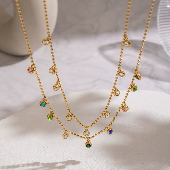 Wholesale Women's Geometric Doublelayer Necklace With Zircon Inlay Stainless Steel 18K Real Gold Plated Jewelry
