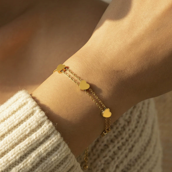 Wholesale Women's Geometric Doublelayered Heart Stainless Steel 18K Gold Plated Bracelet