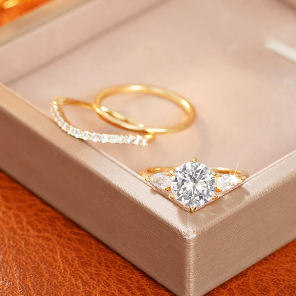 Wholesale Women's Geometric Drop Shape Copper Ring Threepiece Set With Zirconia