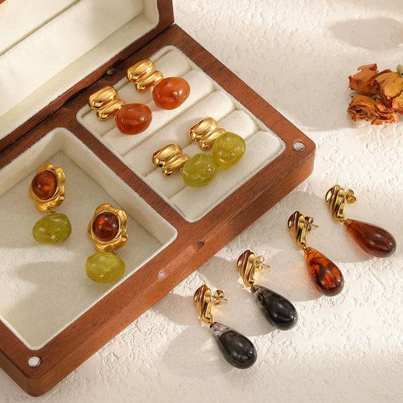 Wholesale Women's Geometric Dropshaped Resin And Stainless Steel Earrings With Vacuum Real Gold Plating