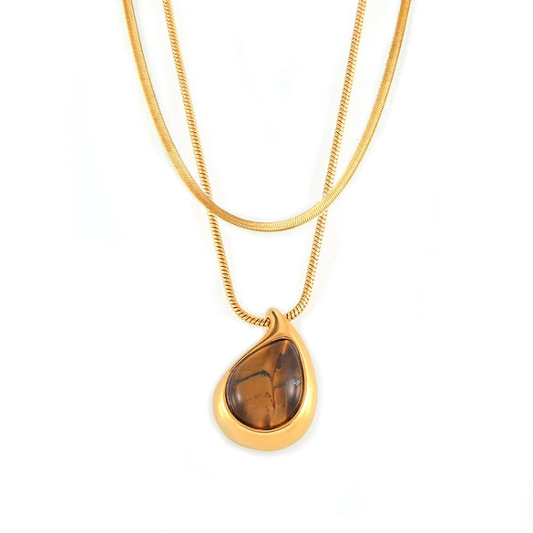 Wholesale Women's Geometric Dropshaped Tiger Eye Pendant Titanium Steel Goldplated Necklace