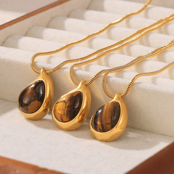 Wholesale Women's Geometric Dropshaped Tiger Eye Pendant Titanium Steel Goldplated Necklace