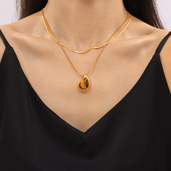 Wholesale Women's Geometric Dropshaped Tiger Eye Pendant Titanium Steel Goldplated Necklace