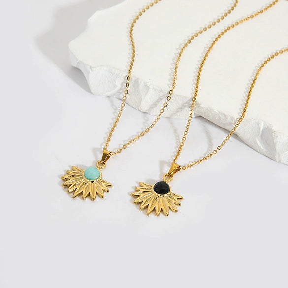 Wholesale Women's Geometric Fanshaped Chrysanthemum Pendant Stainless Steel Necklace Set With Precious Stones Goldplated