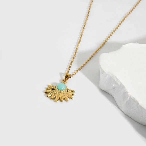 Wholesale Women's Geometric Fanshaped Chrysanthemum Pendant Stainless Steel Necklace Set With Precious Stones Goldplated