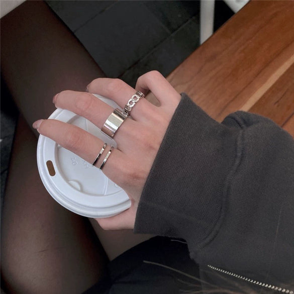 Wholesale Women's Geometric Fashion Simple Plain Opening Adjustable Ring Three Piece Hand Jewelry Set With Electroplating