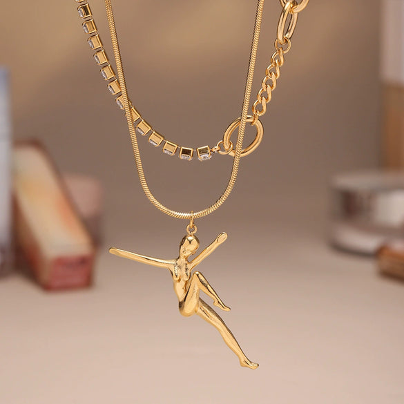 Wholesale Women's Geometric Ferris Wheel And Bear Doublelayer Stacked Stainless Steel And Titanium Steel Electroplated Necklace