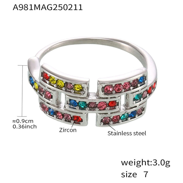 Wholesale Women's Geometric Ferris Wheel Colorful Zircon Ring Light Luxury Cold Style Stainless Steel 18K Real Gold Electroplated
