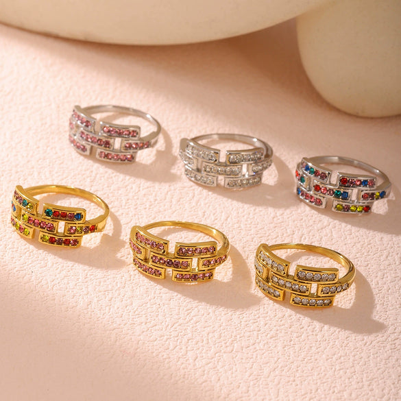 Wholesale Women's Geometric Ferris Wheel Colorful Zircon Ring Light Luxury Cold Style Stainless Steel 18K Real Gold Electroplated