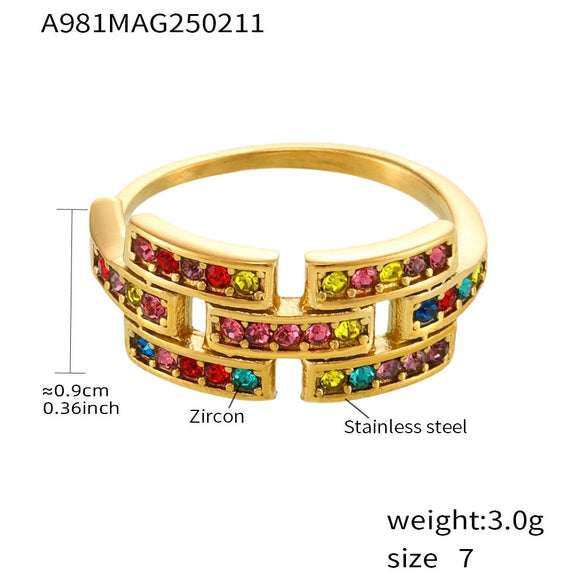 Wholesale Women's Geometric Ferris Wheel Colorful Zircon Ring Light Luxury Cold Style Stainless Steel 18K Real Gold Electroplated