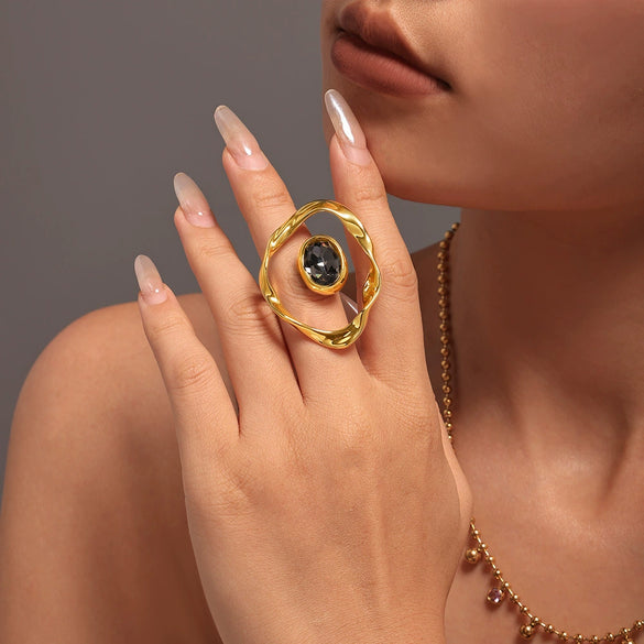 Wholesale Women's Geometric Ferris Wheel Exaggerated Ring With Copper And Czech Diamond Real Gold Electroplated