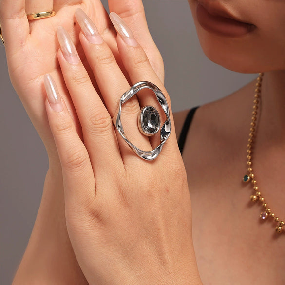 Wholesale Women's Geometric Ferris Wheel Exaggerated Ring With Copper And Czech Diamond Real Gold Electroplated