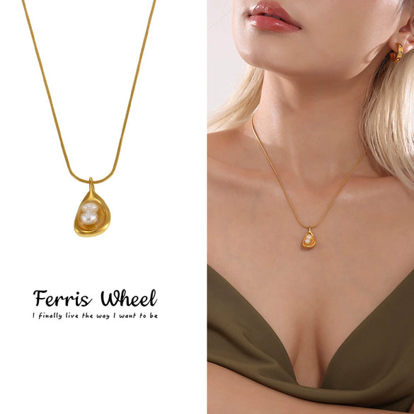 Wholesale Women's Geometric Ferris Wheel Imitation Pearl Pendant Necklace With Round Snake O Chain Made Of Titanium Steel Electroplated