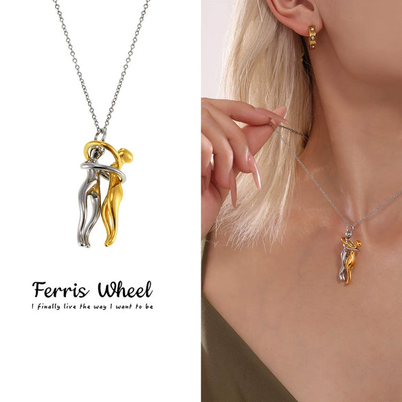 Wholesale Women's Geometric Ferris Wheel Love Hug Detachable Necklace With O Word Chain Titanium Steel Electroplated