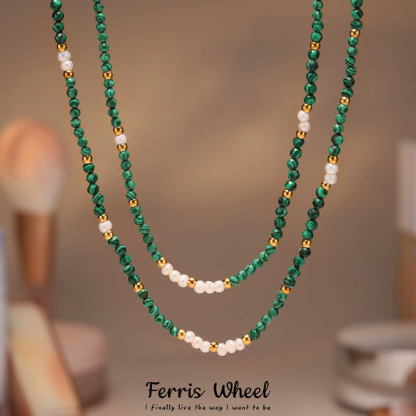 Wholesale Women's Geometric Ferris Wheel Necklace With Malachite Freshwater Pearl And Stainless Steel Electroplated Design