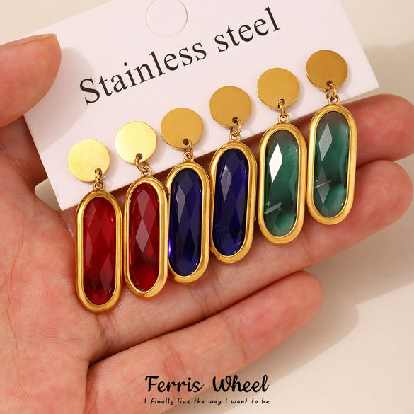Wholesale Women's Geometric Ferris Wheel Rectangular Inlaid Glass Stone Stainless Steel Electroplated Tassel Earrings