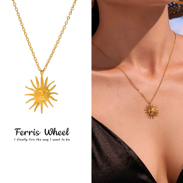 Wholesale Women's Geometric Ferris Wheel Sun Pendant Necklace In Titanium Steel And Stainless Steel With 18K Gold Electroplating