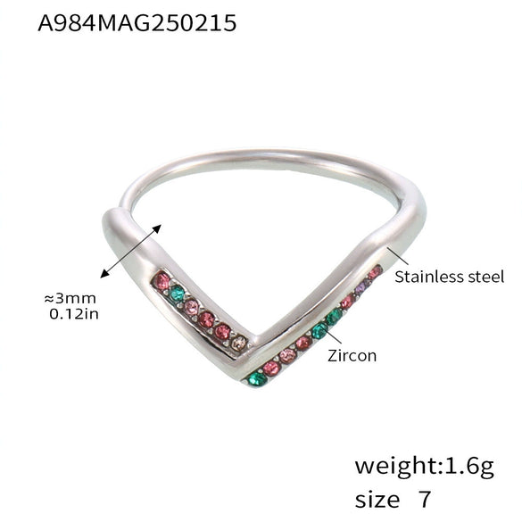 Wholesale Women's Geometric Ferris Wheel Vshaped Diamond 5A Zircon Side Opening Adjustable Stainless Steel Electroplated Ring