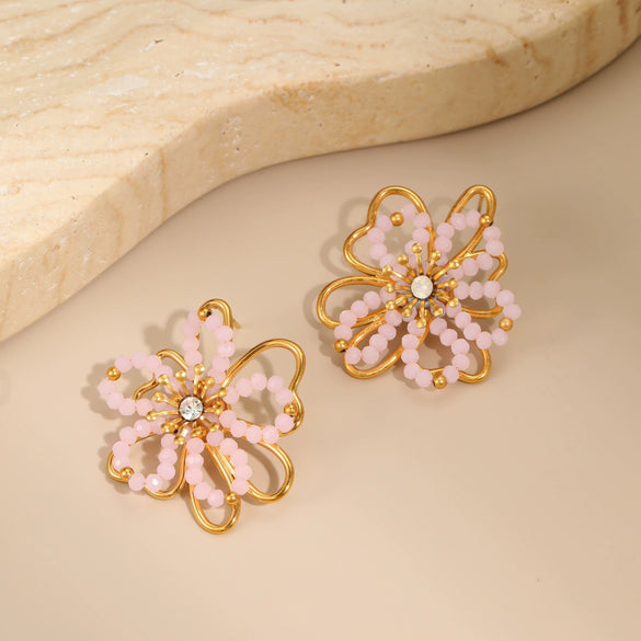Wholesale Women's Geometric Flower Beaded Stainless Steel Electroplated Earrings Fashion Jewelry