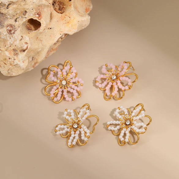 Wholesale Women's Geometric Flower Beaded Stainless Steel Electroplated Earrings Fashion Jewelry