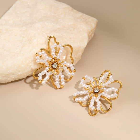 Wholesale Women's Geometric Flower Beaded Stainless Steel Electroplated Earrings Fashion Jewelry