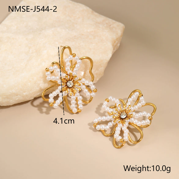 Wholesale Women's Geometric Flower Beaded Stainless Steel Electroplated Earrings Fashion Jewelry