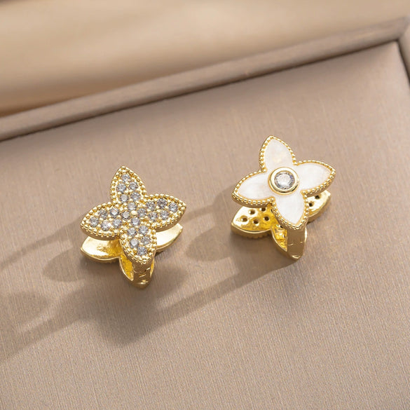 Wholesale Women's Geometric Fourleaf Clover Doublesided Earrings Made Of Copper With Gold Plating