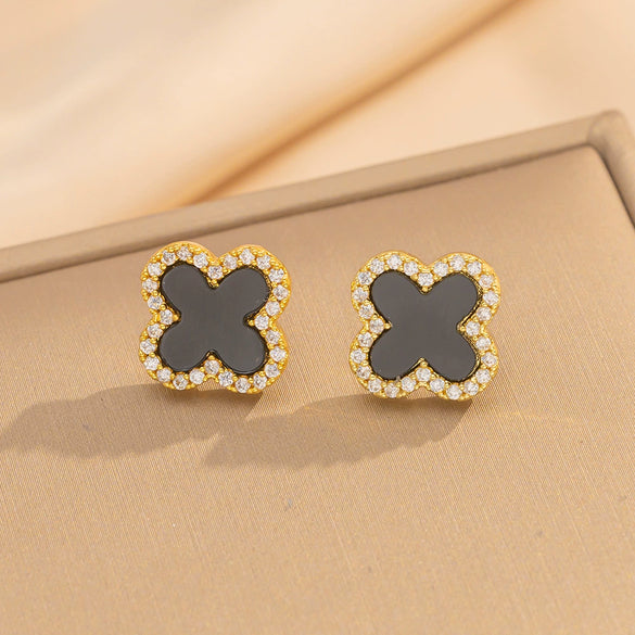 Wholesale Women's Geometric Fourleaf Clover Titanium Steel Diamond Crystal Earrings Trendy Jewelry