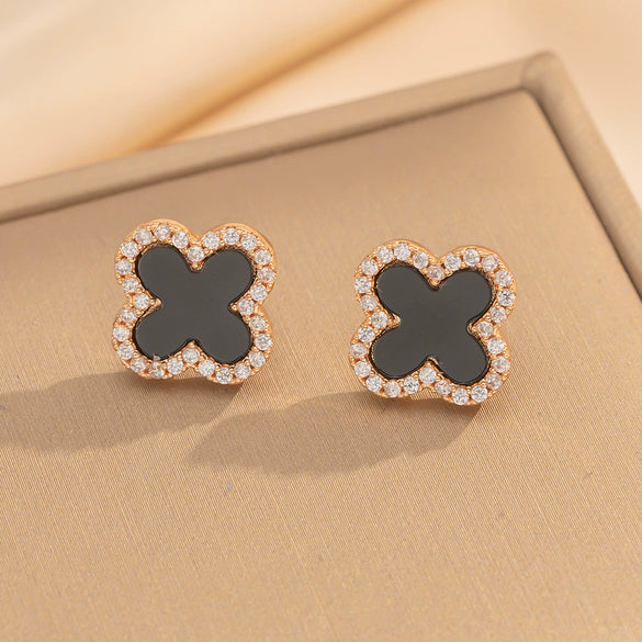 Wholesale Women's Geometric Fourleaf Clover Titanium Steel Diamond Crystal Earrings Trendy Jewelry