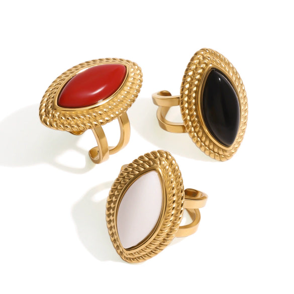 Wholesale Women's Geometric French Retro Stainless Steel Agate Inlaid Horse Eye Shaped Ring Jewelry