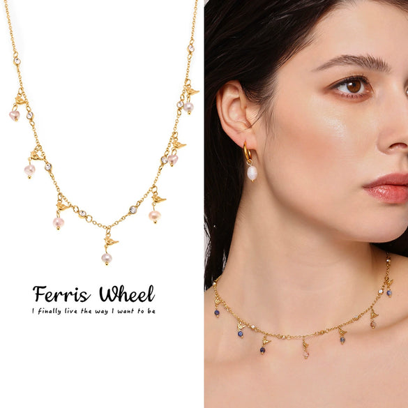 Wholesale Women's Geometric Freshwater Pearl Necklace Handmade With Titanium Steel And Zircon Electroplating