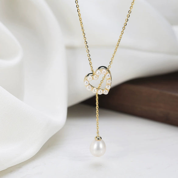 Wholesale Women's Geometric Freshwater Pearl 925 Silver Electroplated Cross Chain Heart Necklace