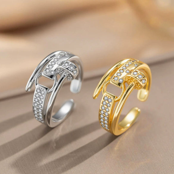 Wholesale Women's Geometric Gold Plated Copper Letter Studded Zircon Open Index Finger Ring Modern Minimalist Style