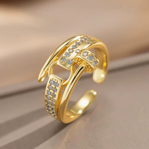 Wholesale Women's Geometric Gold Plated Copper Letter Studded Zircon Open Index Finger Ring Modern Minimalist Style