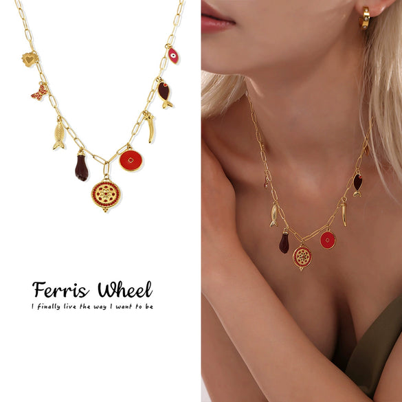 Wholesale Women's Geometric Goldplated Titanium Steel Ferris Wheel Ochain Round Zircon Necklace With Small Fish Eyes And Multiaccessories