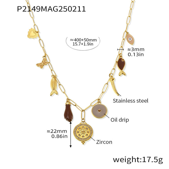 Wholesale Women's Geometric Goldplated Titanium Steel Ferris Wheel Ochain Round Zircon Necklace With Small Fish Eyes And Multiaccessories